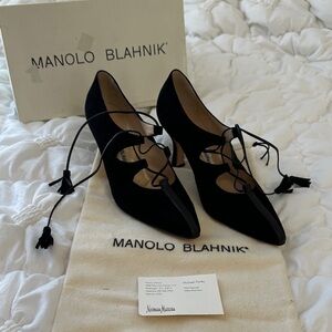 Manolo Blahnik Black Suede Heels with Tassel Ties